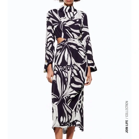 zara long sleeve cut out dress ZARA WOMAN BLACK CUT-OUT VELVET MIDI DRESS SIZE XS, S, M_REF:6962/22_FW23  NWT
